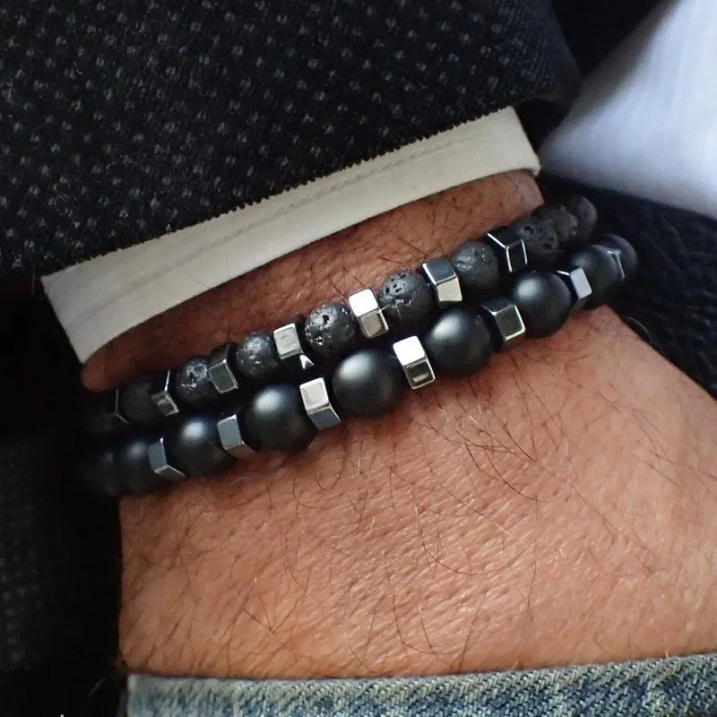 

Men Double Layer Volcanic Stone Beaded Bracelet Frosted Black Matte Texture Nature Stone Charm Bracelets Daily Accessories