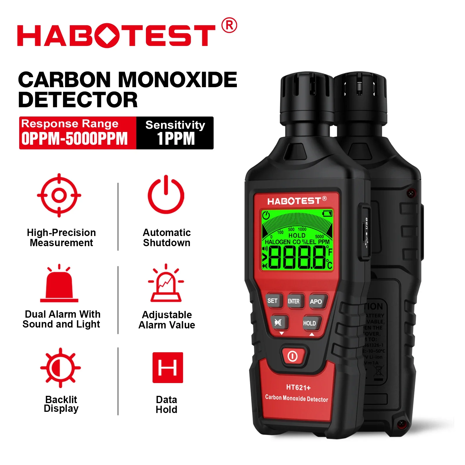 HABOTEST HT621+ Carbon Monoxide Meter with High Precision CO Gas Tester Monitor Detector Gauge Sound and Light Alarm 0~5000ppm