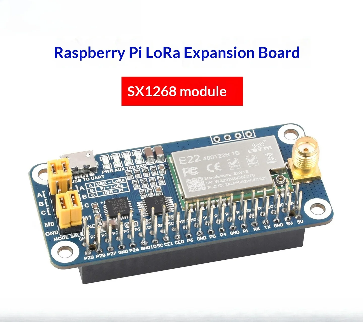 SX1268 470MHz LoRa Expansion Board for Raspberry Pi, UART Control, USB-to-UART, 40-Pin GPIO, Antenna Included