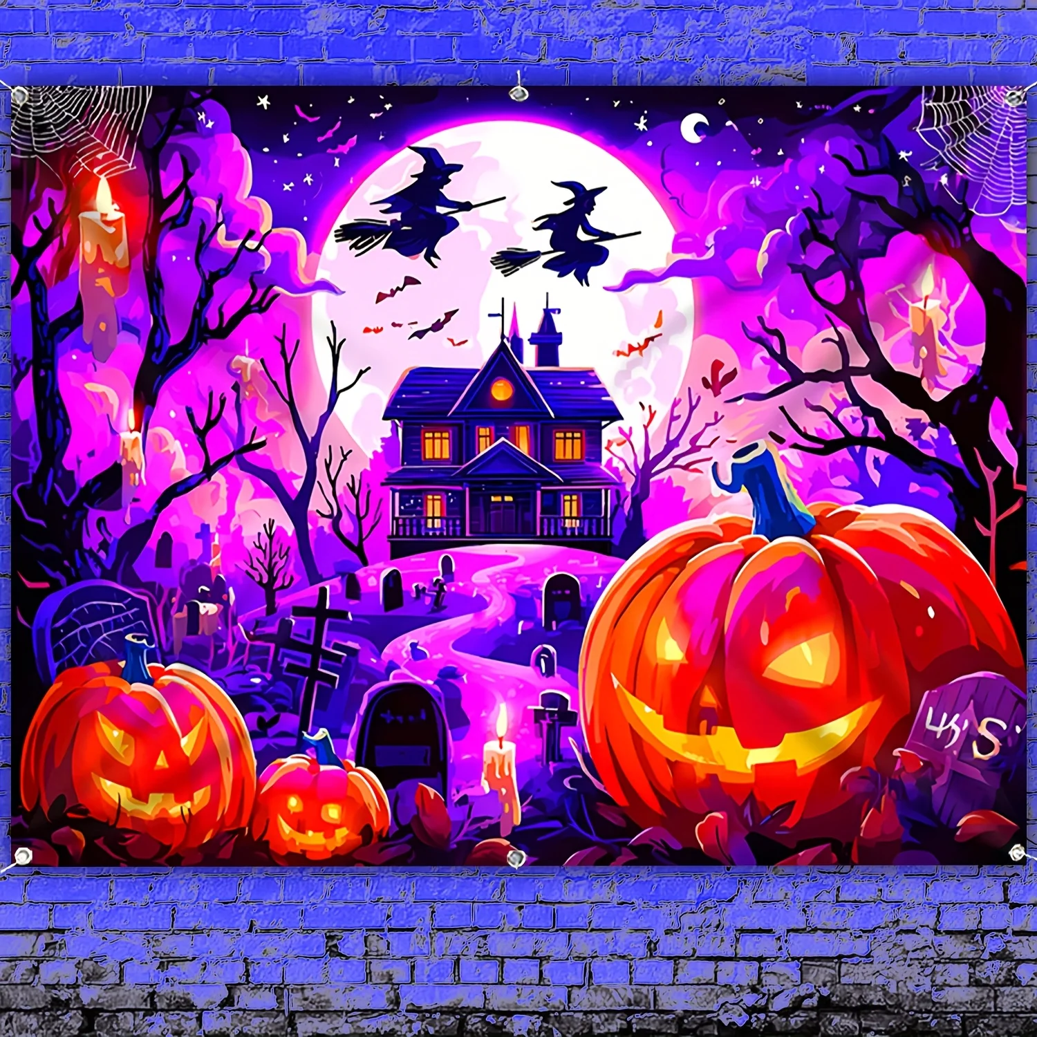 VIKAMA Halloween Gothic Wall Tapestry Purple Mist Moon Night Flying Witch Pumpkin Castle Cemetery Bat Cloth Party Decoration