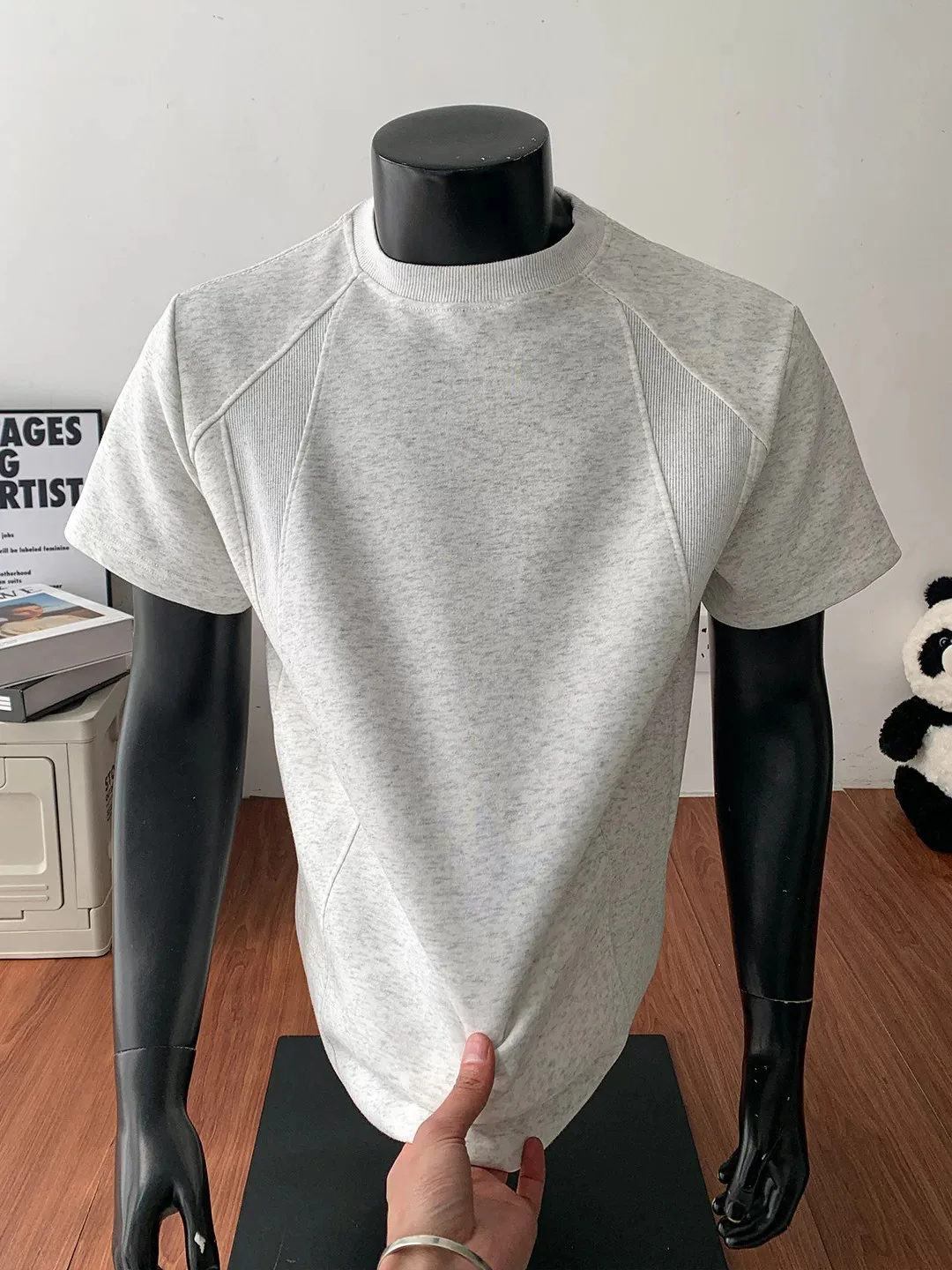 Gray Splice Shoulder Micro Padded Short Sleeve Men's Summer Small Thread T-Shirt CleanFit American Style Half Sleeve round Neck