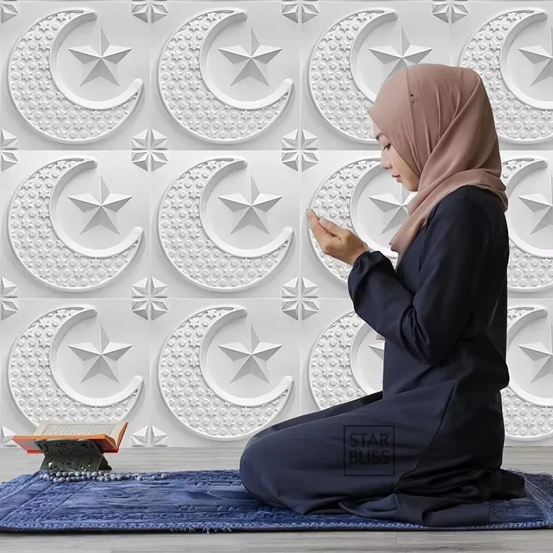 12 PCS 30cm slamic Muslim 3D Wall Sticker Room Decoration Moon Star Mosque 3D Wall Panel Wallpaper Mural Mold Tile Arabic Wall