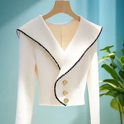 Design Sense Niche White Contrasting Knitted Women's Autumn Korean Style Lapel Off Shoulder Waist Cinched Long Sleeves Sweater