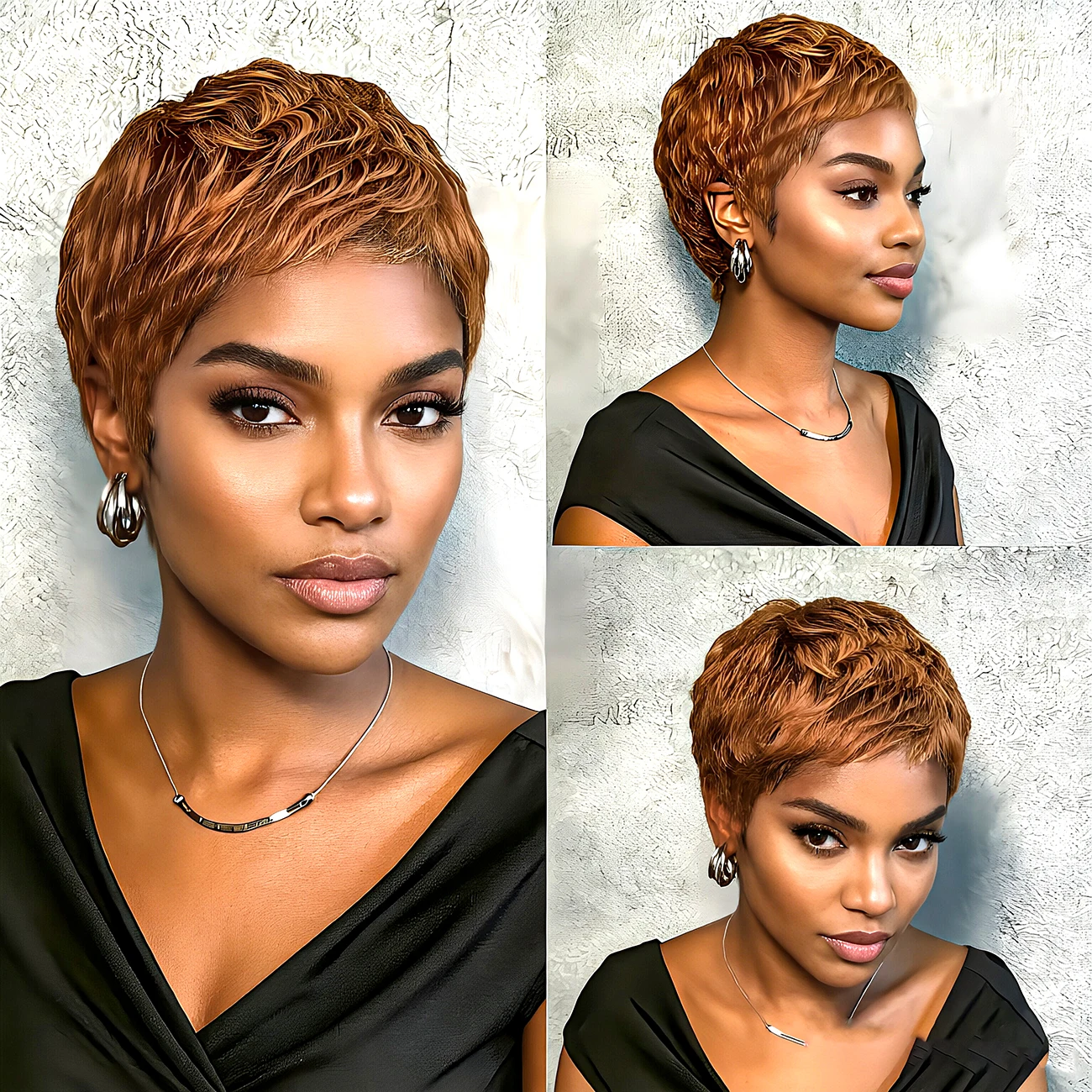 Wavy Short Pixie Cut Wig — Machine Made, Human Hair