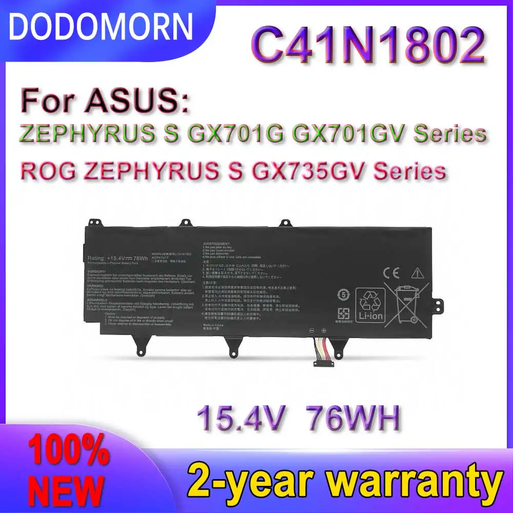 

DODOMORN New C41N1802 Battery For ASUS ROG Zephyrus S 3s Plus GX701 GX701GW GX701GX GX701G GX701GWR GX735GW GX735GX 76WH
