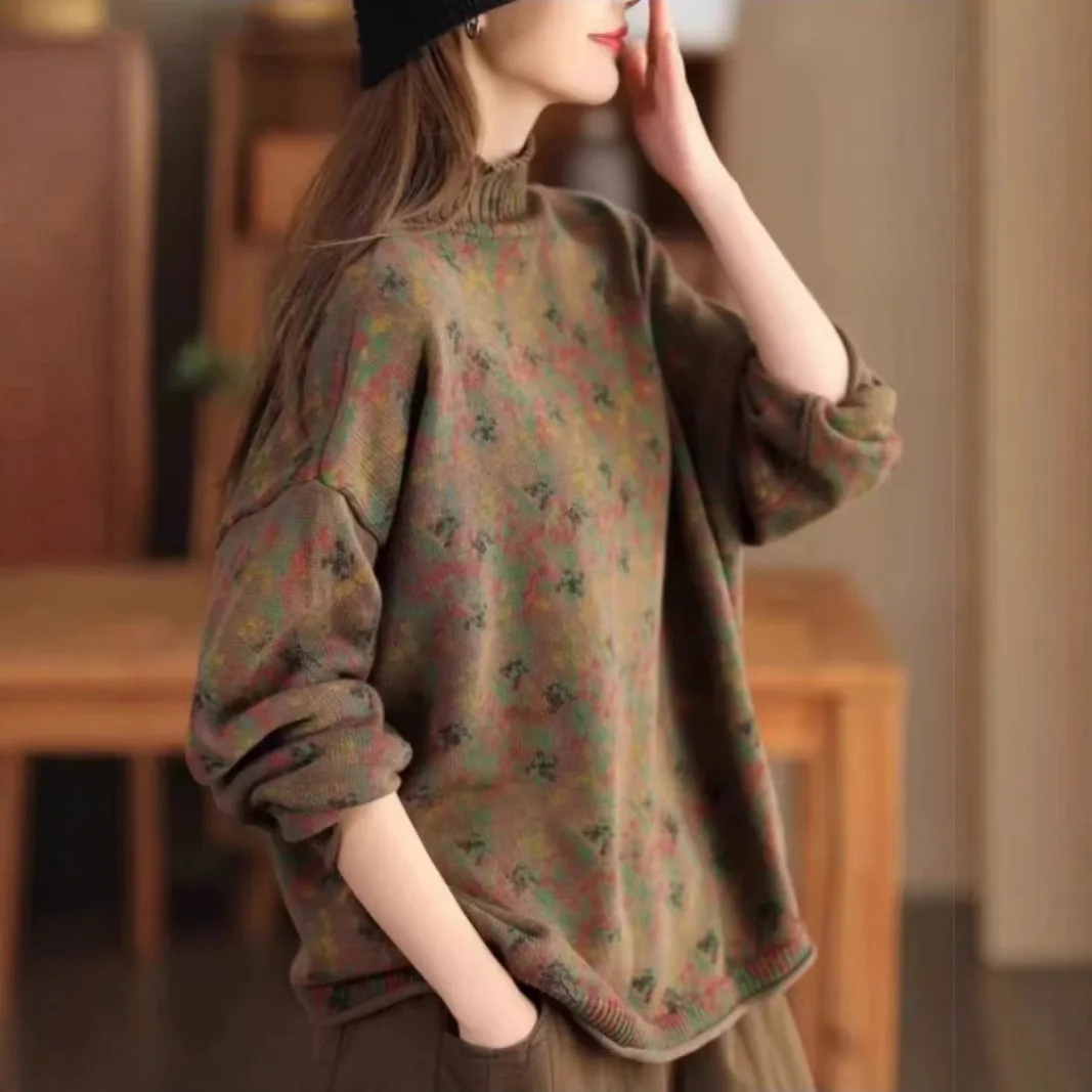 Sweater Traf Cotton Casual Ruched Loose Fit Regular Print Pullovers Female Clothing Clearance