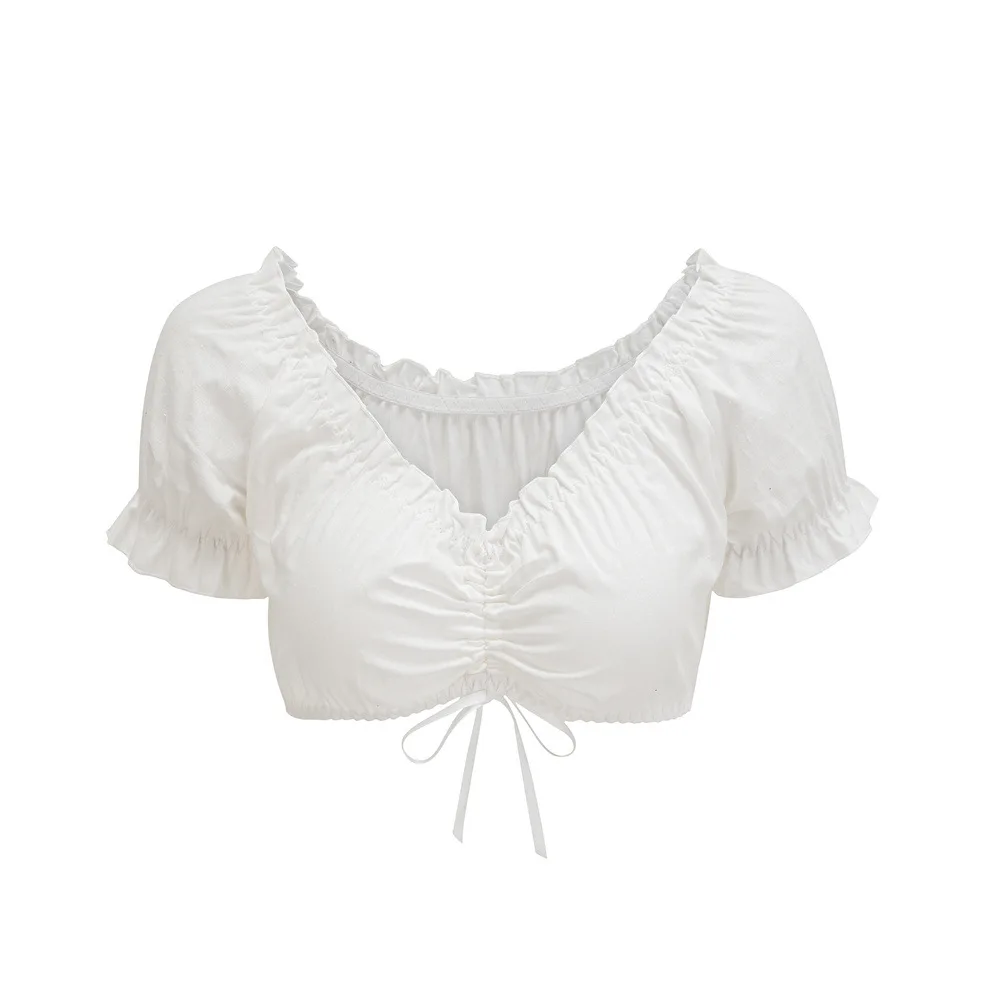 

White Cotton Ruffled V Neck Short Lantern Sleeve Gothic Lolita Blouse Sexy Tops For Women y2k Shirt Kawaii Blusas Para Mujer