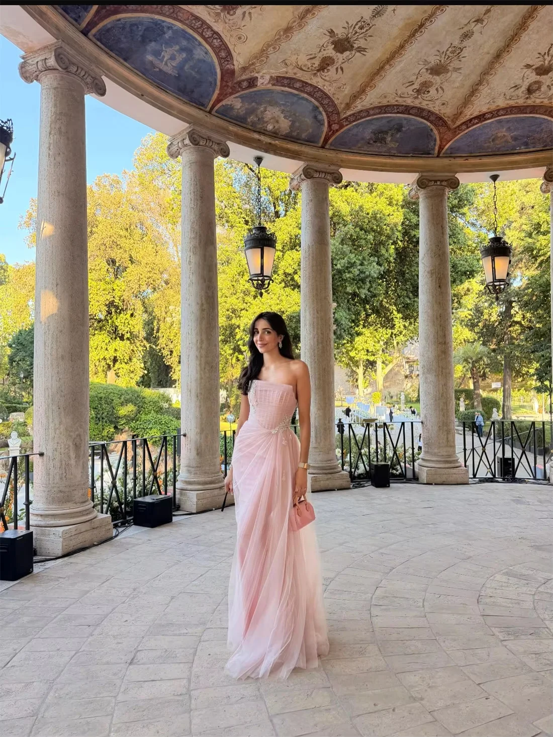 Custom strapless lace tulle gradient floor‑length evening gown, featuring delicate lace bodice and flowy gradient skirt. Perfect