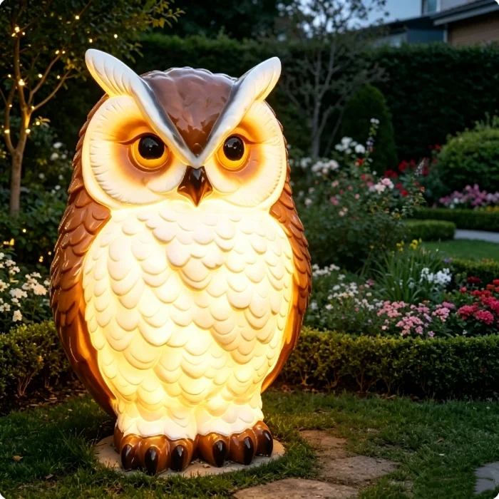 Custom Handmade Folk Art Illuminated Fiberglass Lifelike Giant Owl Sculpture Solar LED Light Outdoor Garden Decoration