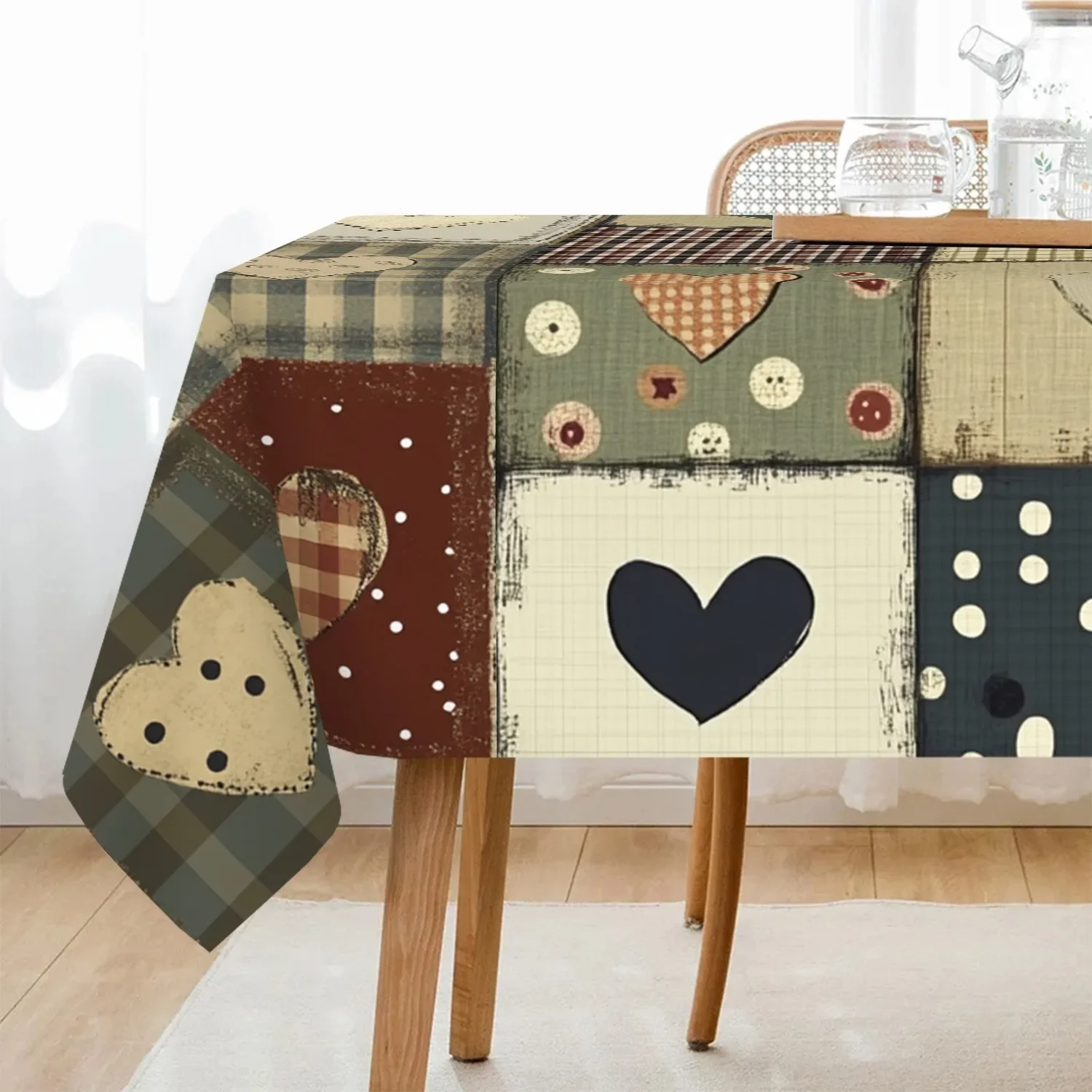 1pc Retro-style heart-shaped checkered polyester tablecloth, washable tablecloth, suitable for dining room and festivalsxzj