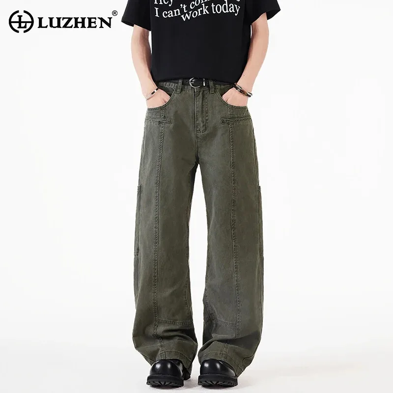 

LUZHEN American Style Original Loose Straight Cargo Denim Pants Men 2025 New Pockets Decorate Wide Leg Jeans Solid Color JY3081