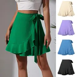 Women Mini Skirt Lace Up Ruffles Bow-knot High Waist Chiffon Short Skirt Solid Color Casual Comfy Fashion Versatile 2024