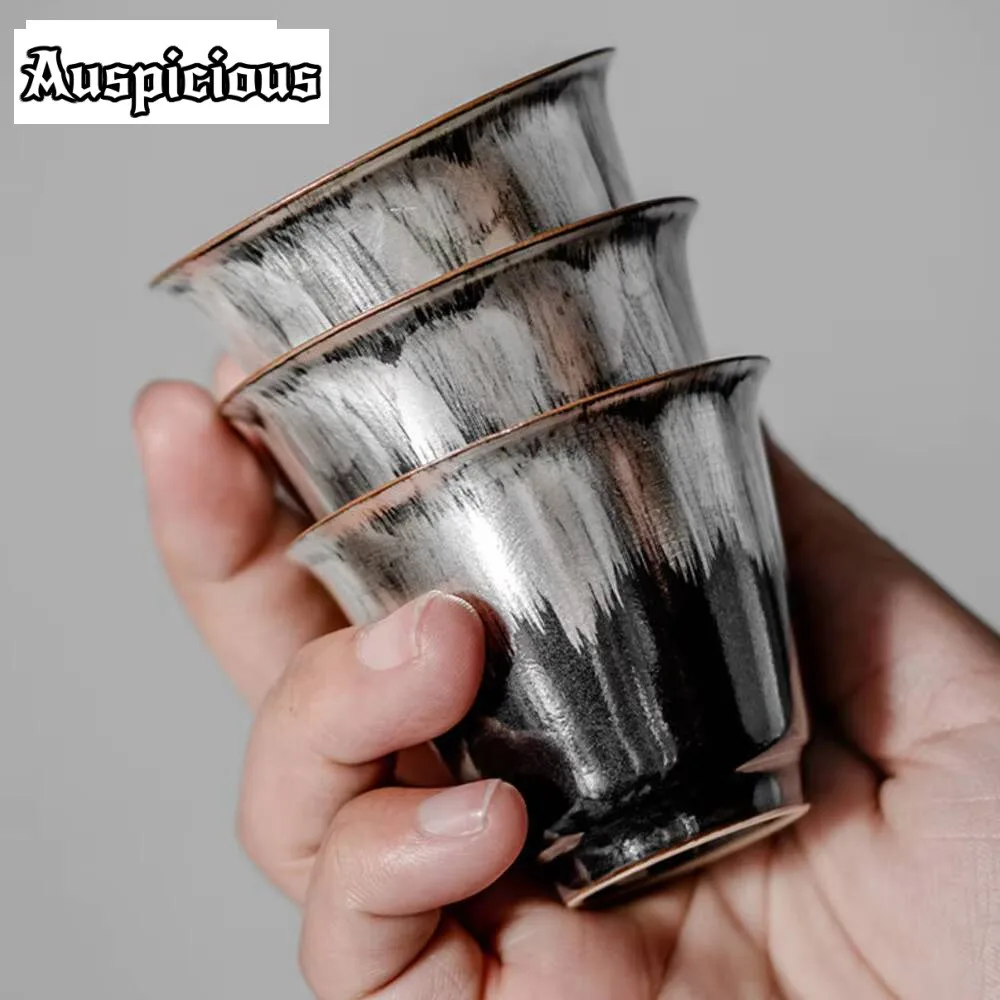 2pc/set  Handamde Black Gilt Silver Ceramic Teacup Chinese Small Master Cup Zen Tea Tasting Cup Set Chazhan Kung Fu Teaware 30ml