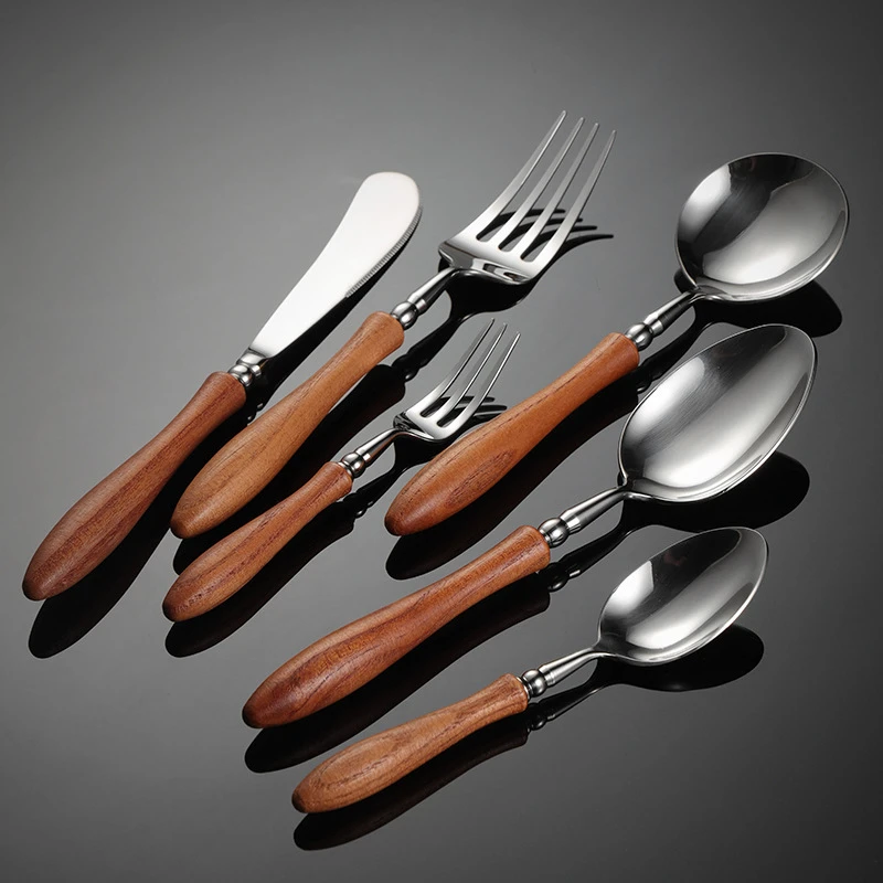 Toon Wood Stainless Steel Tableware Cutlery Dining Set Natural Kitchen Utensils Sliver Fork Tea Spoon Kinfe of Dishes for Dinner