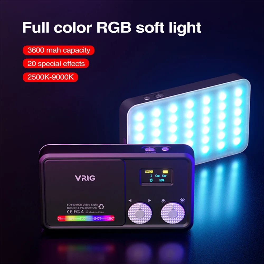 

VRIG Live LED Light Rechargeable Camera Video Light with Lcd Screen Diffuser Ballhead 3600mAh 2500K-9000K Smartphone Fill Light