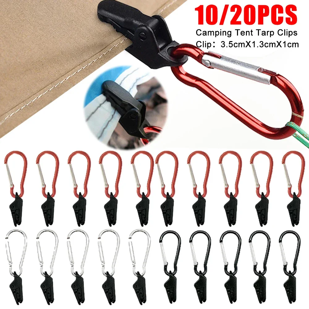 10/20PCS Fixing Tarp Clamps With Carabiner Windproof Clamp Set Hanging Hooks Awning Fixing Clamp Safety Clip For Tent Accessory