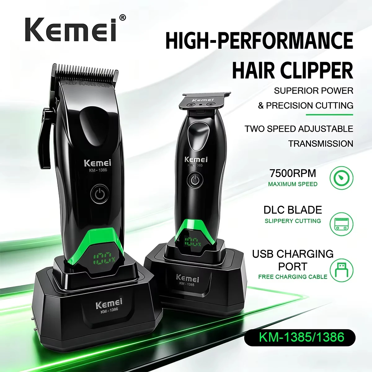 Kemei Clippers 7500RPM Professional Hair Clipper Rechargeable Electric Hair Trimmer Cutting Machine for Men KM-1385 KM-1386 Kit