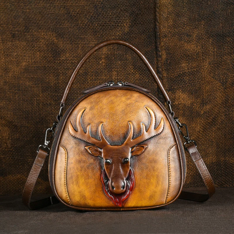 

Genuine Leather Handbag Cross body Top Handle Bag For Women Deer Pattern Circular Retro Female Shoulder Tote Messenger Bags