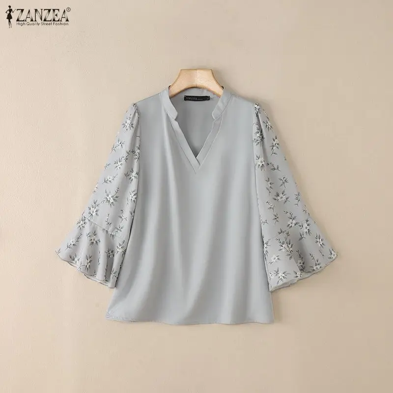 Primavera 2026 Camicette eleganti Donna Scollo a V Stampato floreale Manica a 3/4 Top larghi Estate Casual e Giorno ZANZEA Abbigliamento donna 3XL