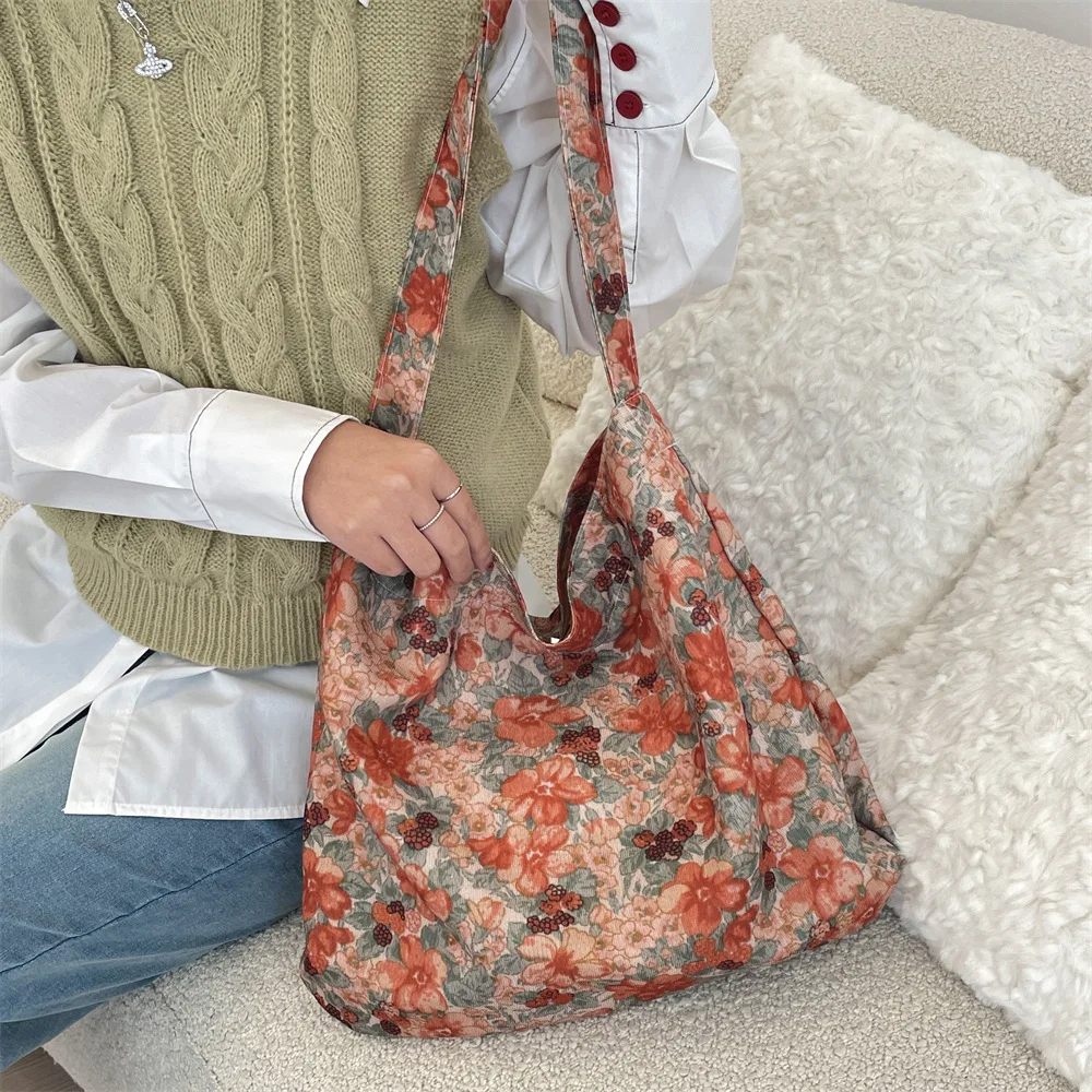 

Vintage Floral Women's Shoulder Bags Large Capacity Soft Corduroy Ladies Tote Crossbody Bag Retro Flower Female Travel Handbags