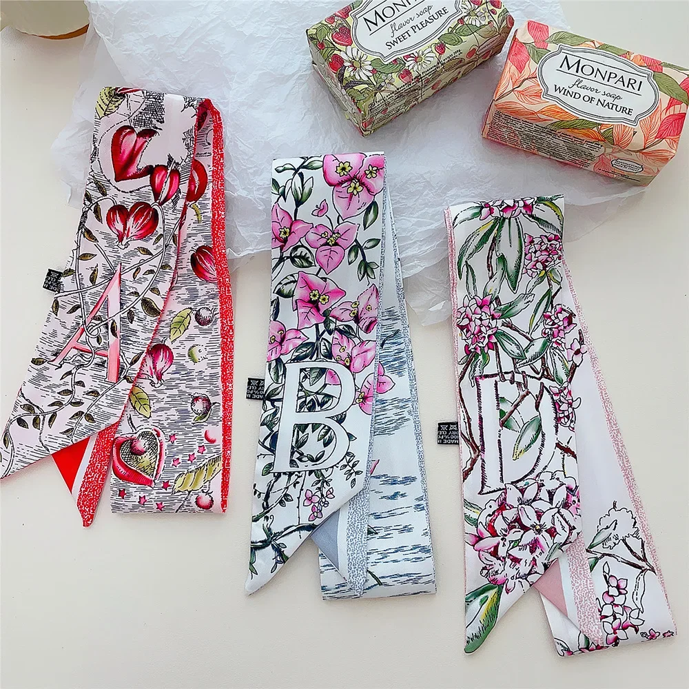 26 Letter Printed Headband 100x6cm Fashion Small Silk Scarf For Women New Design Brand Scarves Women\'s Bags Hair Tie Accessories