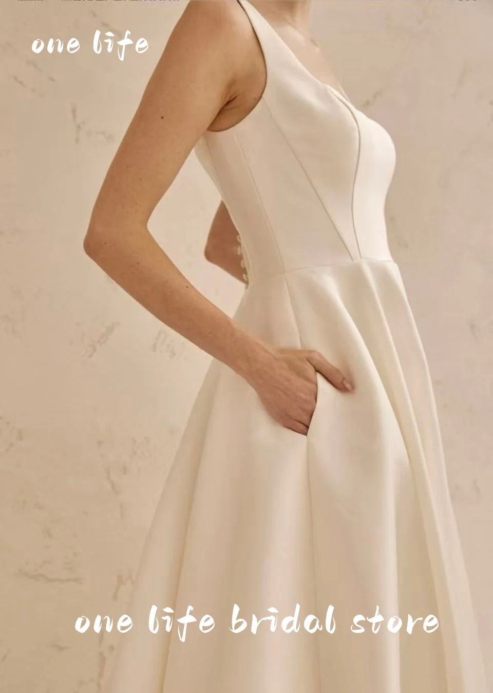 OL Elegant Satin Wedding Dresses With Button Bride Dress square neck Sleeveless Wedding Party Gown Customized Bridal Dress
