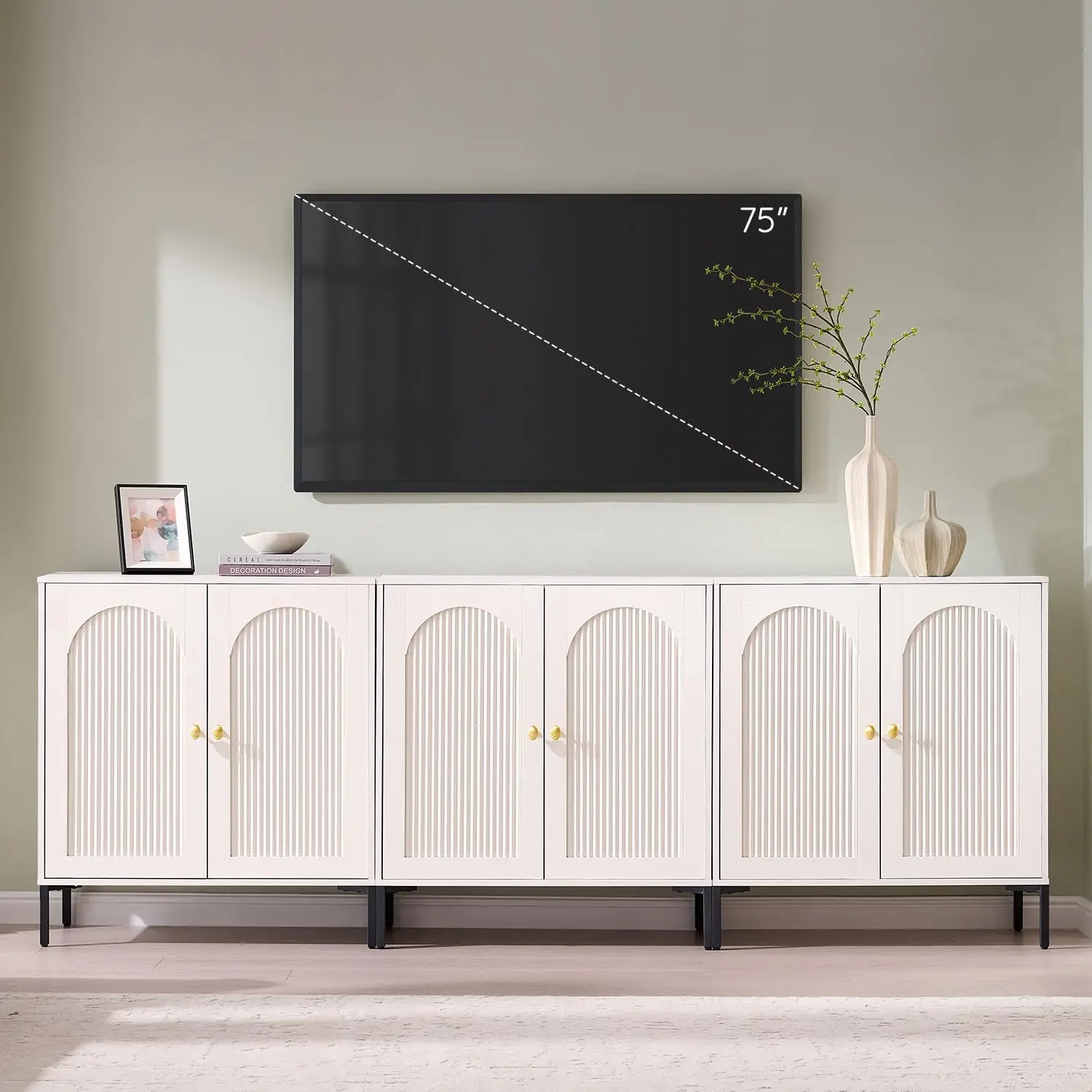 Mid Century TV Stand Entertainment Center w/Adjustable Shelves Arched Fluted Doors Cabinet Fits 75 80 85 Inch TV, Customized