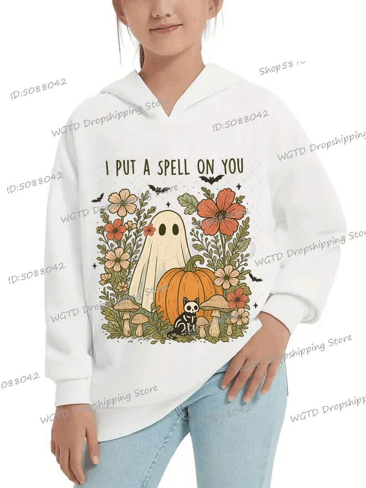 

New Halloween Hoody Cartoon Ghost Pumpkin Cat Wildflower Print Y2K Sudaderas Funny Halloween Hoodies Gifts Children's Clothing