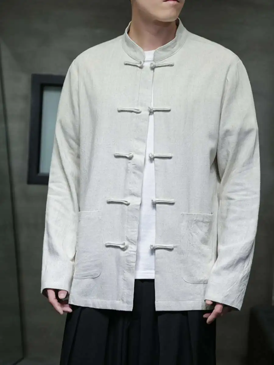 

Мужской винтажный кардиган-трансформер из хлопка и льна в китайском стиле с воротником-стойкой, на пуговицах, осенняя одежда