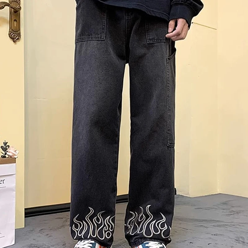 Spring Autumn New Button Zipper Fashion Straight Pants Man High Street Casual Loose Embroidered Pocket Patchwork Cotton Jeans