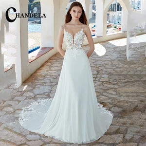 Chandla-Klassisch-Spaghetti-Gurt-Brautkleider, Aline V-Ausschnitt, Spitzen-Applikationen, Chiffon, personalisiert, Drop Shipping 11 Hauptverkaufskleid für Verlobungschiffon - №9