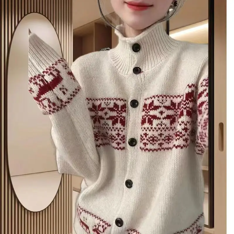 Indie Folk Vintage Knitting Cardigan Women Autumn Winter Mock Neck Loose Sweater Coat Fashion All-match Trend Knitwear Tops