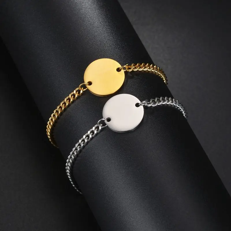 10 Pieces Sainless Steel Round Disc Bracelet Couple Charm Bracelet Support Laser Engraving Fashionable  Jewelry Accessories