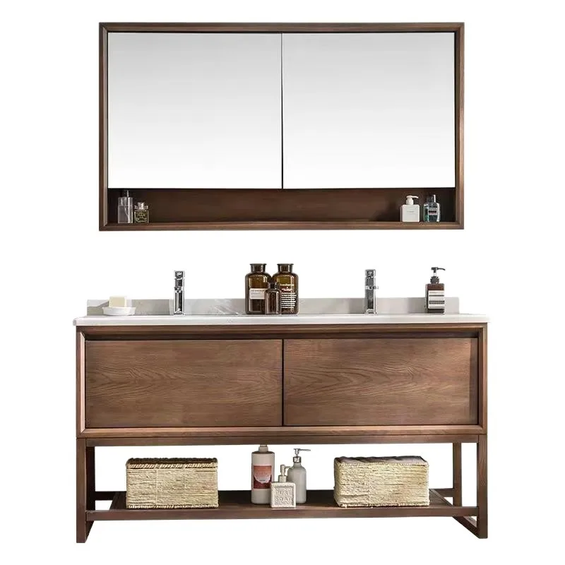 Chinese floor-to-ceiling red oak ceramic integrated wash basin bathroom cabinet combination