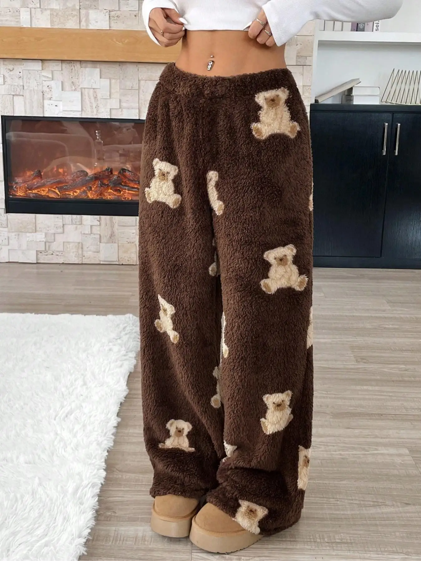 Outono inverno forrado calças com estampa de leopardo-fresco e casual streetwear para mulheres perna larga e calças de perna reta roupas femininas