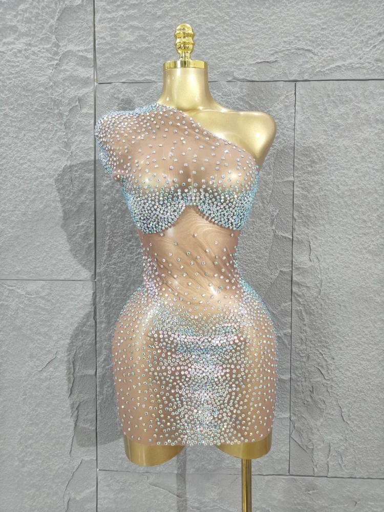

Women Sexy Sparkly Rhinestones One Shoulder Bodycon Mini Dress Mesh See Through Celebrate Nightclub Party Birthday Stage Outfit