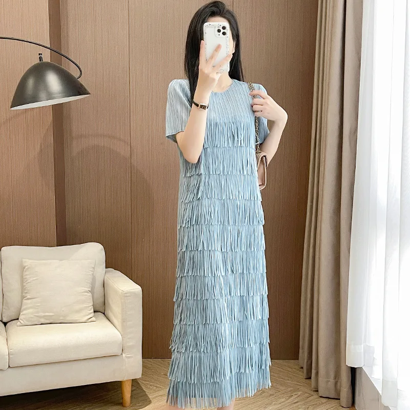 

Pleats Pleated Dresses2024 Summer Trend Temperament Elegant Pleats Chic Tassel Outer Wear Tummy Tuck Dresses for Women Clothing