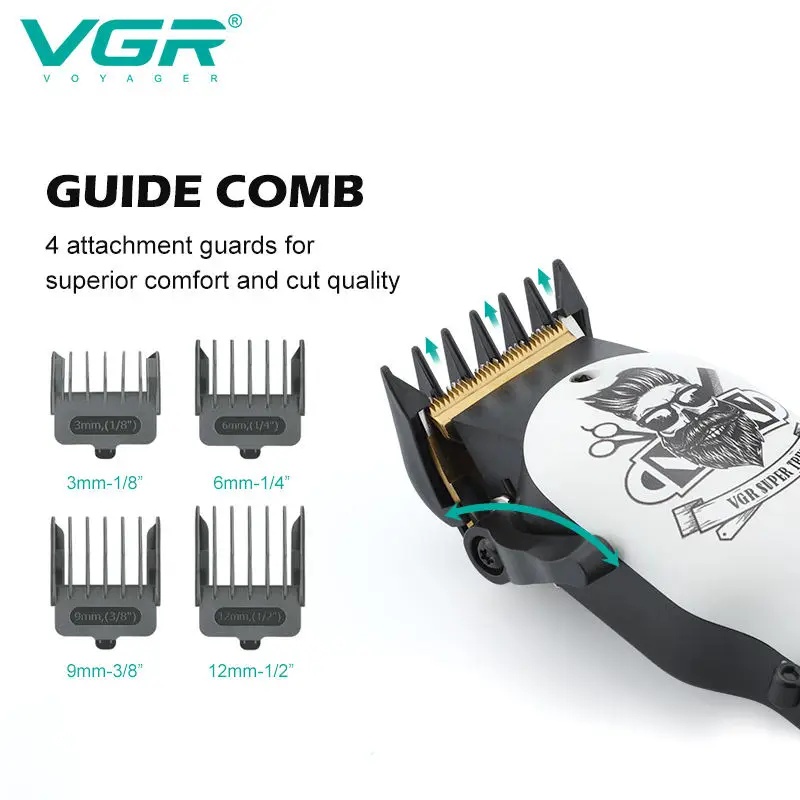 VGR Professional Hair Trimmer Cordless Barber Hair Clipper For Men Beard Electric Hair Cutting Machine Adjustable Rechargeable