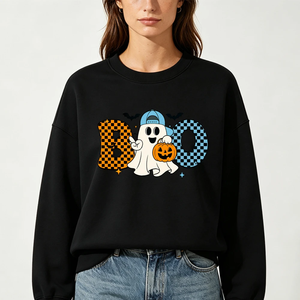 2026 Women Halloween O-neck Sweatshirt Retro Checkered Boo Letter Cool Ghost with Pumpkin Bucket Bat Graphic Casual Pullover