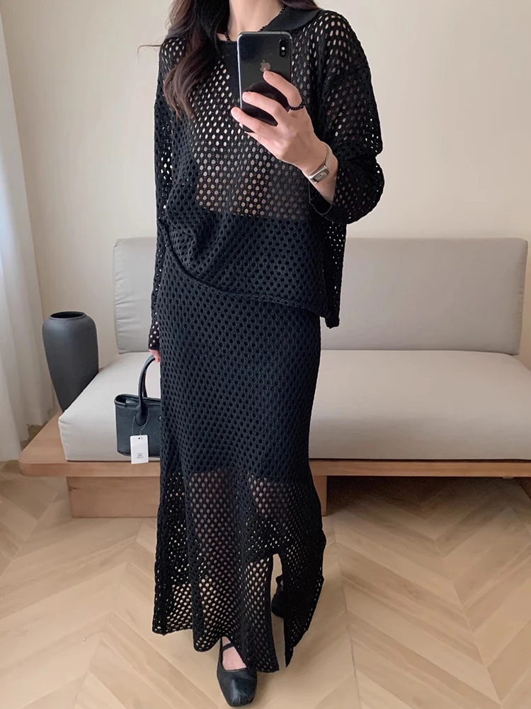 Conjunto de blusa de manga crida em malha e saia de tricô com fenda, estilo chique para o início do outono, design vazado ...