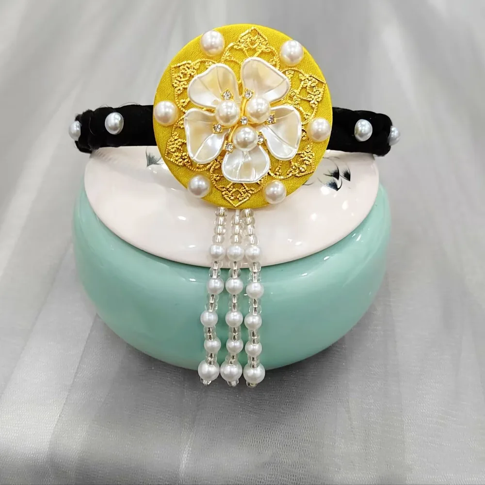 

Classical Flower Korean Headband Tassels Traditional Hanbok Hairband Pearl Headdress Stage Dance Hair Hoop Hanfu