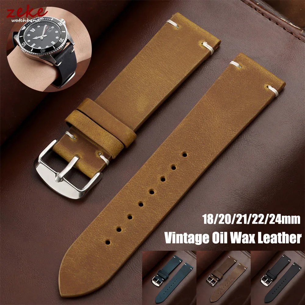 Soft Vintage Oil Wax Leather Wristwatch Band for Seiko 18mm 20mm 21mm 22mm Handmade Stitching Cowhide Strap for Omega Watchband