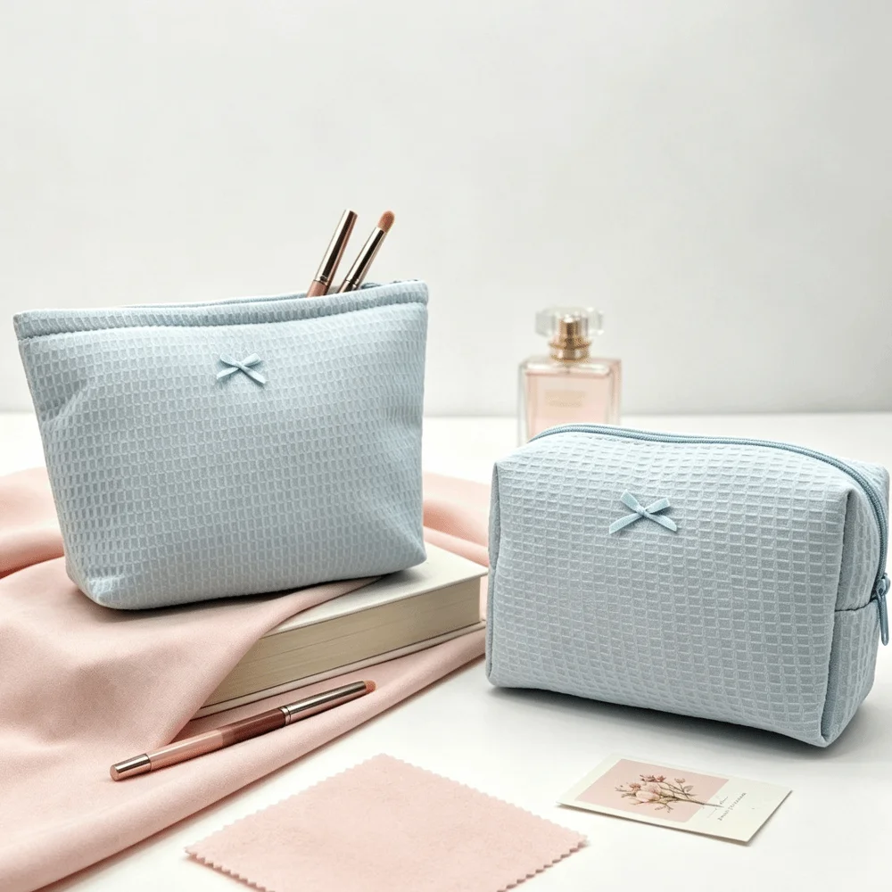 Cute Bow Decor Waffle Knit Makeup Bag Zipper Lightweight Cosmetic Bag Polyester Portable Toiletry Organizer Home