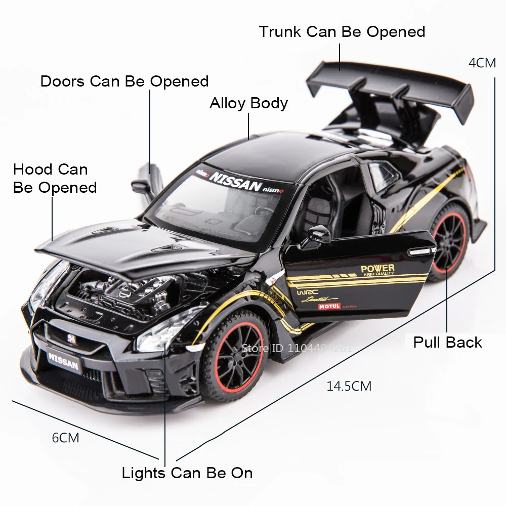 1:32 GTR R35 R34 Legering Modellen Speelgoed Diecast Miniatuur Auto's 4 Deuren Geopend Geluid Licht Trek Voertuigen Volwassen Verzamelen Hobby's