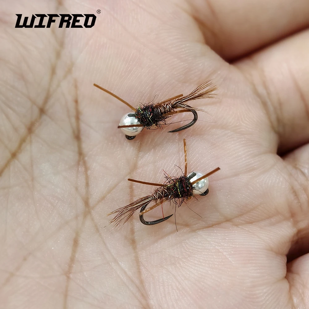 Wifreo 6PCS #14 #16 Silvery Bead Head Fast Sinking Barbless Jig Nymph Fly Rubber Legs Pheasant Tail Artifical Fishing Lure