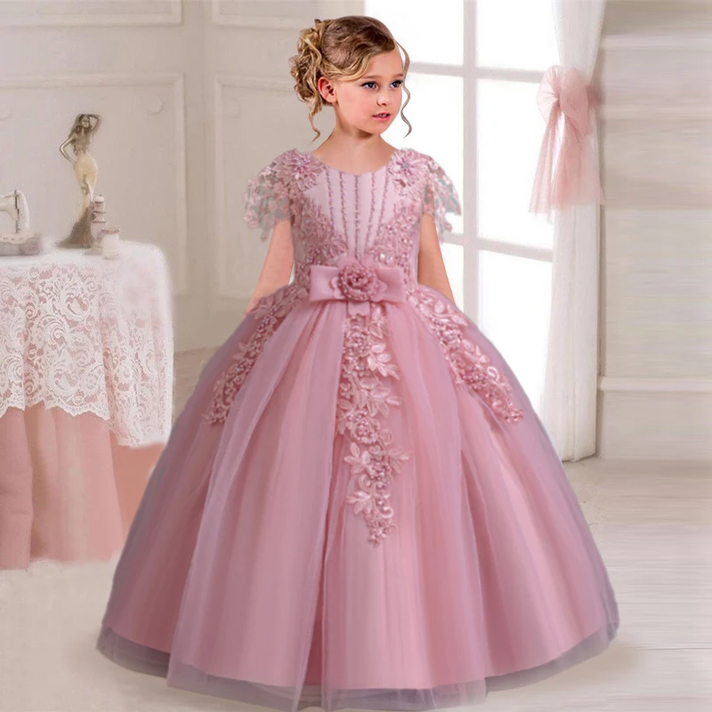 2024 novo elegante vestido de casamento da menina bordado malha vestido de princesa 4-12 anos de idade menina festa de formatura vestido de noite de baile