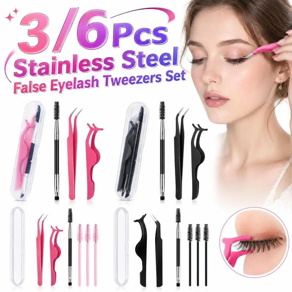 3/6Pcs Stainless Steel Slanted Tweezers Set Pointed Tip Box Included Eyebrow Eyelash Brush Dual-head applicator Portable
