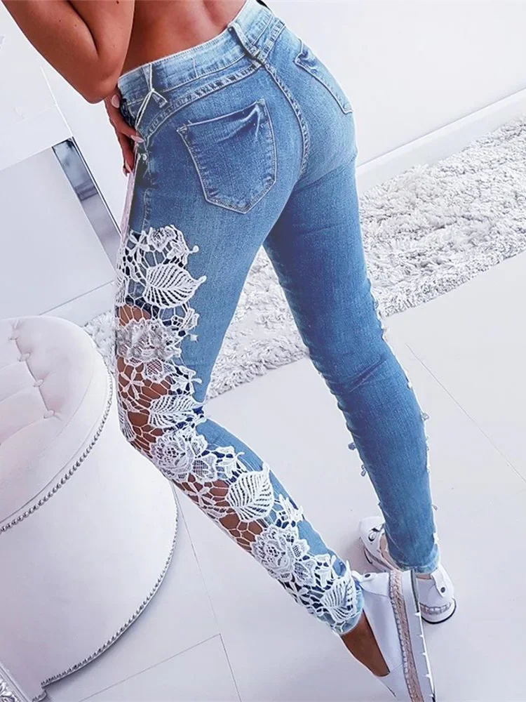 Lace Spliced Hollow Out Blue Jeans for Women Y2k Pants Chic New Fashion Slim High Waisted Jeans Chic Vintage Skinny Pencil Pants