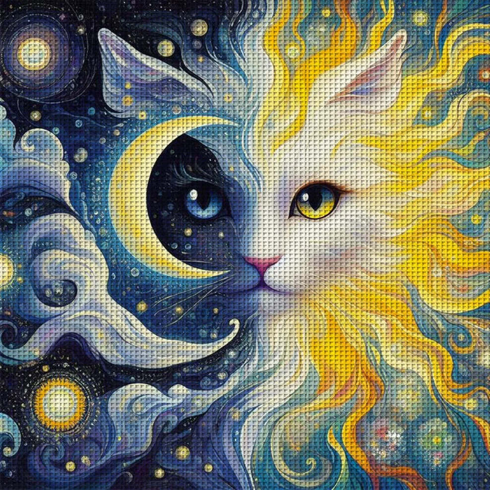 Sonnen- und Mond-Katzen-Kreuzstich-Set zum Selbermachen, 11CT-Stickerei, Heimwanddekoration, Geschenk, handgefertigtes Material, rahmenlos, halbfertig, 36 x 36 cm