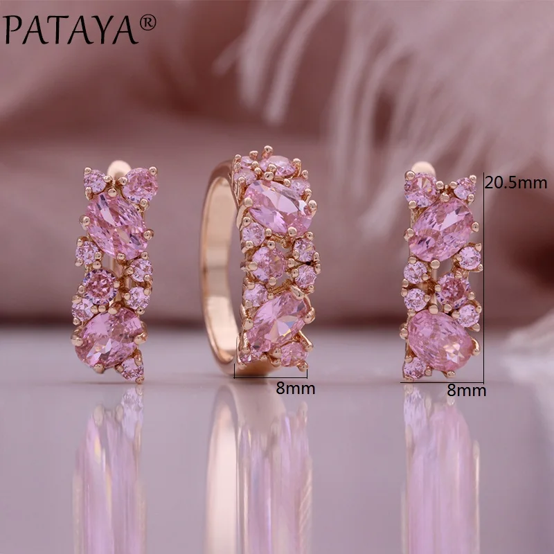 PATAYA New 585 Rose Gold Color Earrings Ring Sets For Women Fashion Pink Natural Zircon Flower Bride Rings Wedding Jewelry Sets